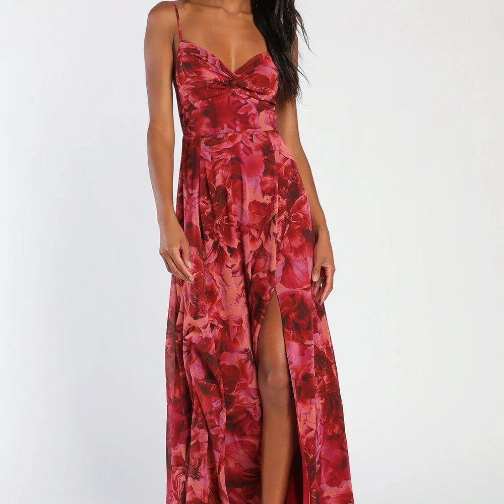 Burgundy Floral Print Twist-Front Maxi Dress | Perfect for wedding season!